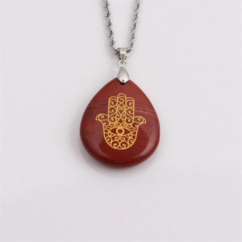 Hamsa Hand Fatima Hand Natural Stone Teardrop Pendant Necklace Stainless Steel Twist Chain Lucky Protection Jewelry For Women