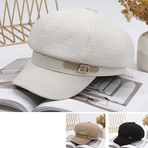 Berretto da Donna Retro Trama a Nido d'Ape Newsboy Cap Cappello Ottagonale Vintage Con Cinturino in Pelle e Fibbia