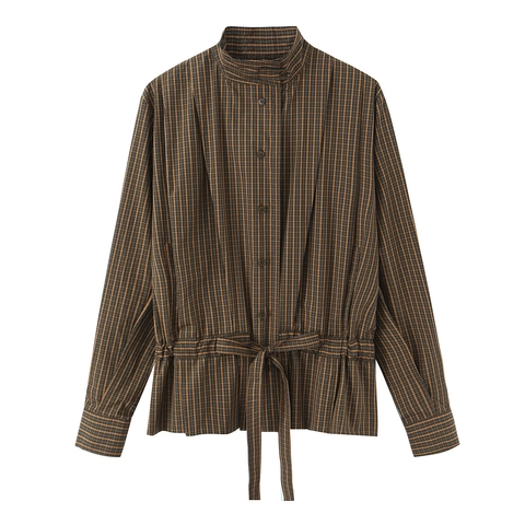 Women Long Sleeve Plaid Blouse Polyester Stand Collar Waist Bow Tie Drawstring Retro Casual Shirt