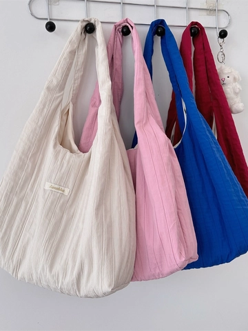 Pleated Shoulder Bag Large Capacity Polyester Fabric Simple Solid Color Casual Lightweight Tote For Women Daily Wear