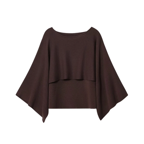 Women Boat Neck Layered Knit Top Batwing Sleeve Loose Solid Color Polyester Acrylic Casual Sweater