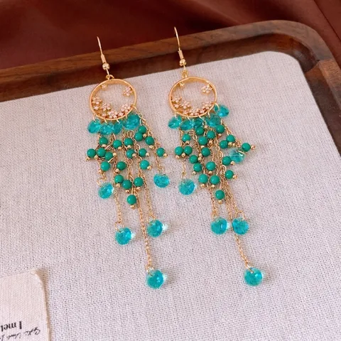Vintage Bohemian Tassel Drop Earrings Copper Gold Plated Crystal Zircon Tourmaline Hollow Circle Flower Jewelry Women Ear Hook