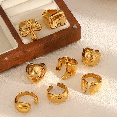 Hammered Open Ring 18K Gold Plated Stainless Steel Irregular Geometric Adjustable Fashion Jewelry For Women Men