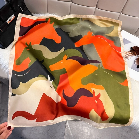 Foulard Quadrato Vintage Francese Con Stampa Cavallo Raso Poliestere Effetto Raso Colorblock Da Donna