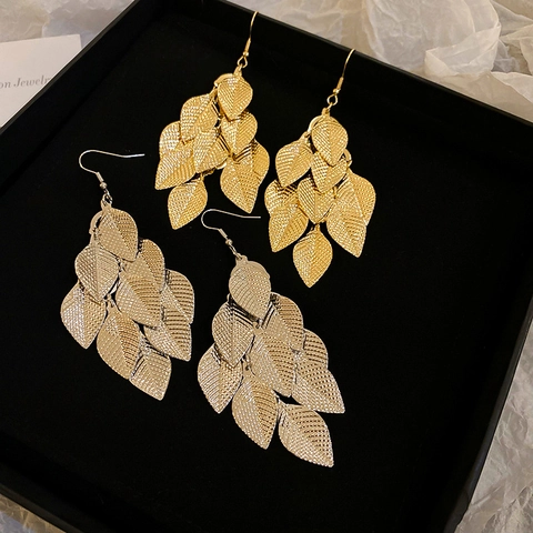 Multi Layer Textured Leaf Dangle Earrings Alloy Fringe Tassel Hook Ear Jewelry With Steel Earring Post For Women