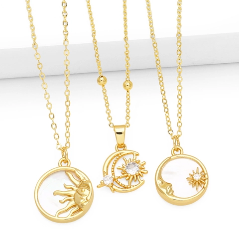 Collier Pendentif Soleil Lune Laiton Plaqué Or Avec Coquille De Nacre Et Zircon Style Vintage Céleste Pour Femmes