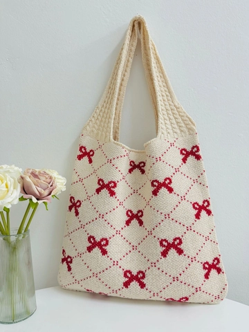 Knitted Tote Bag Polyester Bow Pattern Diamond Lattice Large Capacity Casual Daily Women Soft Sweet Handbag
