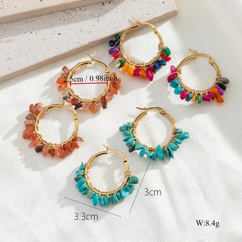 Bohemian Hoop Earrings Handmade Natural Stone Chips Wire Wrapped Stainless Steel Ethnic Style For Women