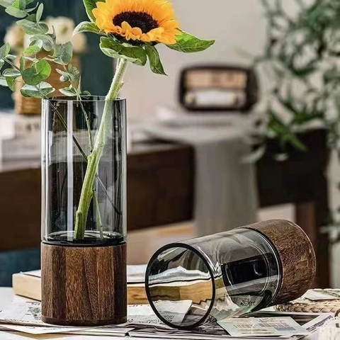 Nordic Creative Glass Vase With Round Wooden Base Modern Minimalist Transparent Grey Hydroponic Flower Home Decor