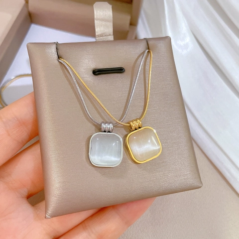 Square Cat Eye Stone Pendant Necklace Titanium Steel Gold Plated Minimalist Snake Chain Jewelry For Women
