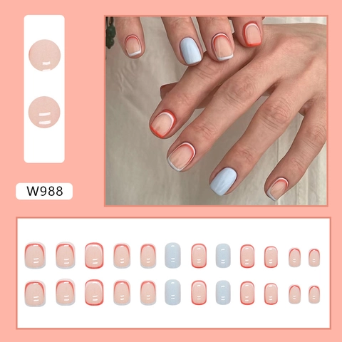 Unghie Finte A Pressione Design Cavo Stile Francese Forma Quadrata Corta Blu Minimalista Elegante Per Donne