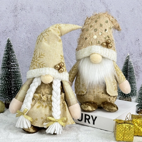 Poupée En Peluche Gnome De Noël Doré Blanc Paillettes Motif Flocon De Neige Elfe Sans Visage Décoration De Table Maison