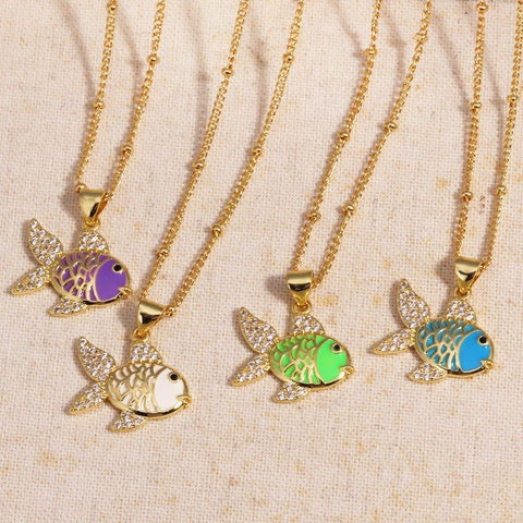 Collana Pendente Pesce Rosso Acciaio Inossidabile Smalto Strass Gioielli Vintage Portafortuna Per Donne Accessorio Colorato