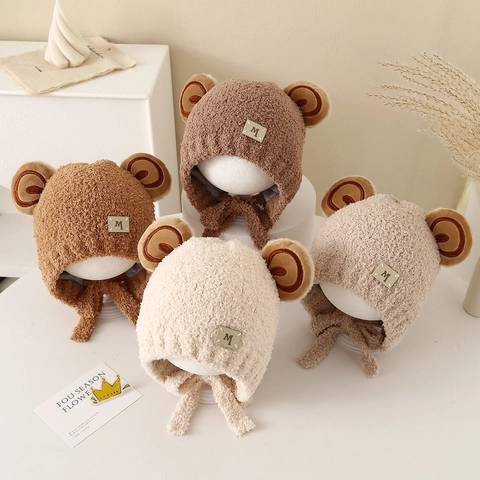 Cappello In Peluche Teddy Fleece Per Neonati Con Orecchie Di Orso Carine E Lacci Paraorecchie Inverno Caldo Antivento