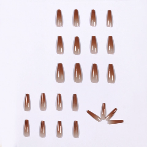 Faux Ongles Long Ballerina Coffin Press On Marron Café Dégradé Ombré Brillant Ongles Artificiels Pour Femmes Style Salon