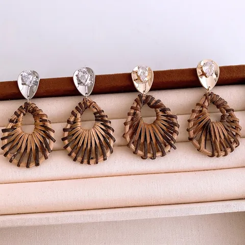 Teardrop Dangle Ohrringe Aus Geflochtenem Rattan Und Vergoldetem Kupfer Mit Zirkon Und 925 Sterling Silver Earring Post