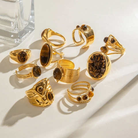 Vintage Tiger's Eye Rings 18K Gold Plated Stainless Steel Adjustable Bohemian Exaggerated Jewelry For Women Waterproof