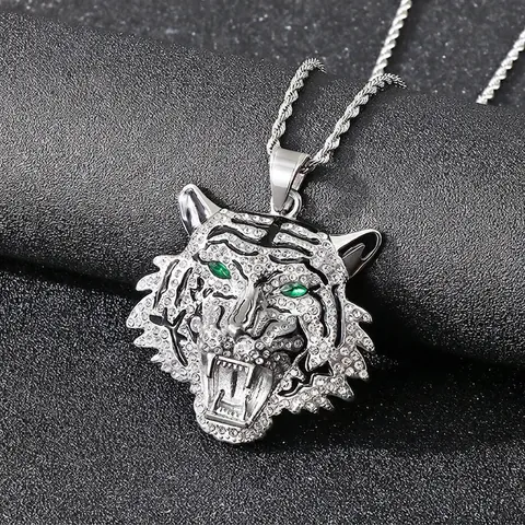Tiger Head Pendant Necklace Stainless Steel Rhinestone Green Zircon Eyes Hip Hop Rock Punk Jewelry For Men