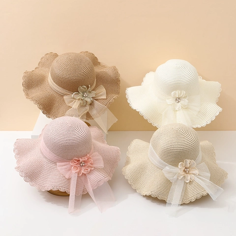 Straw Sun Hat Women Kids Wide Brim Wavy Edge Lace Mesh Flower Bow Decor Outdoor Beach Vacation Travel