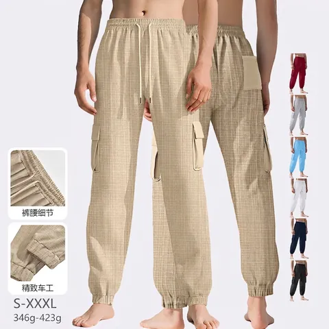 Men Cargo Joggers Textured Fabric Multi Pocket Adjustable Tie Waist Casual Sweatpants Cuffed Pants