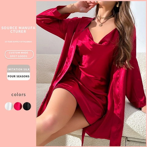 Women Imitation Satin Satin Loungewear Robe And V Neck Camisole Nightgown Solid Color Sexy Sleepwear