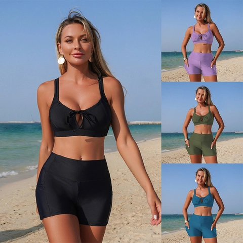 Damen Zweiteiliger Badeanzug High Waist Bikini Set Nylon Schnelltrocknend Sportlich Badebekleidung Mit Taschen Einfarbig