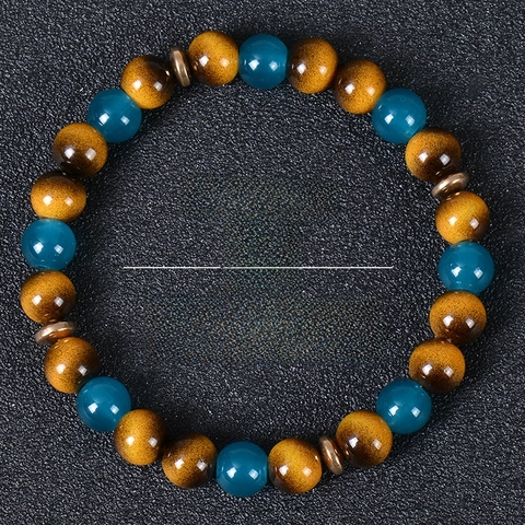Pulsera De Cuentas De Piedra Natural Ojo De Tigre Y Cristal Azul Hecha A Mano Fortuna Elastica Unisex