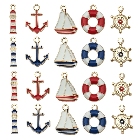 Ciondoli Nautici Lega Smalto Ancora Barca A Vela Salvagente Faro Timone Pendenti Per DIY Creazione Gioielli