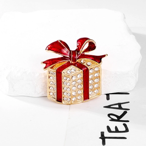 Broche de Caja de Regalo de Navidad Con Lazo de Esmalte Rojo y Diamantes de Imitación de Aleación Alfiler Para Abrigo Joyería Festiva Regalo Mujer Hombre