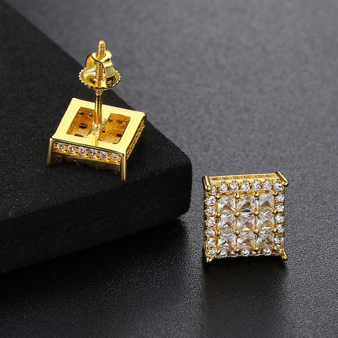 Iced Out Square Stud Earrings Copper With Cubic Zirconia Hip Hop Geometric Micro Pave Screw Back Luxury For Men
