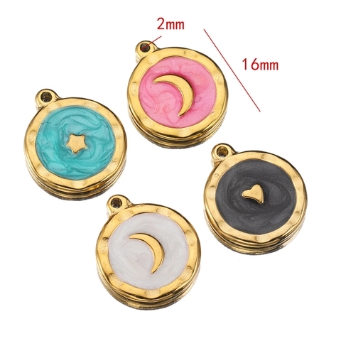 Breloques Rondes En Acier Inoxydable Avec Motifs Étoile Lune Cœur En Émail Accessoires De Fabrication De Bijoux DIY