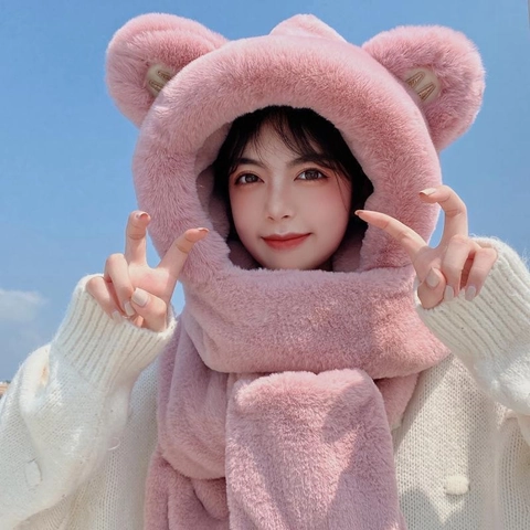 Berretto Sciarpa Guanti Integrati Orecchie Orso Peluche Pelliccia Spessa Calda Inverno Accessori Outdoor Donne Bambini