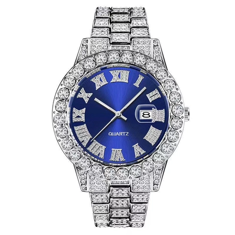 Men Quartz Watch Luxury Full Rhinestone Iced Out Hip Hop Style With Calendar And Roman Numerals Alloy Link Strap