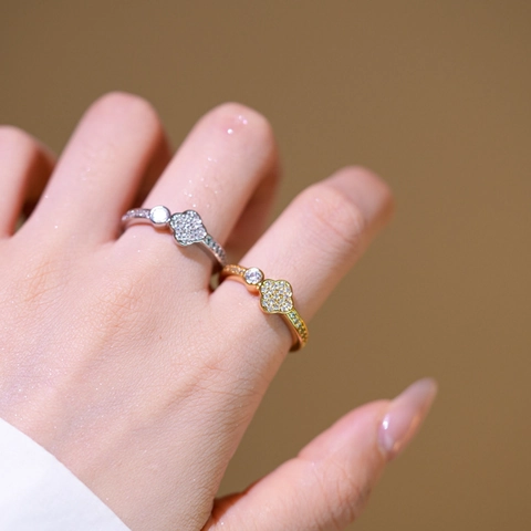Clover Flower Open Ring Copper Cubic Zirconia Adjustable Jewelry Trendy Elegant Luxury Fashion Gift For Women