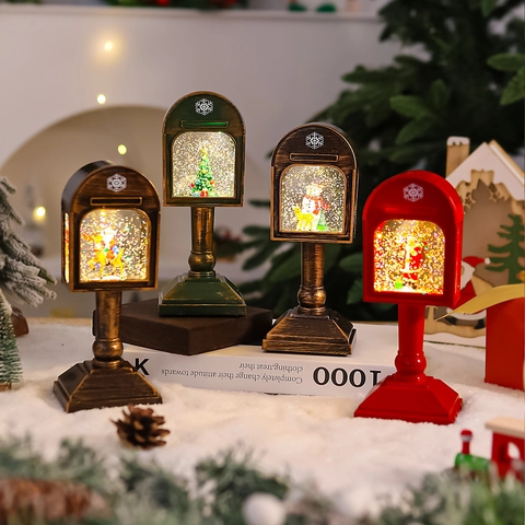Kerst Brievenbus Sneeuwbol Lantaarn Plastic LED Licht Muziek Bureau Ornament Retro Feestelijke Decoratie