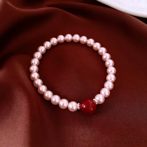 Elegante Bracciale Di Künstliche Perle Rosa Con Perla Artificial In Agata Rossa E Distanziatori A Fiore In Metallo Per Donna Gioielli Moda