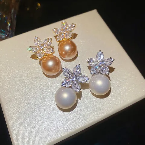 Flower Artificial Pearl Drop Earrings With Silver Earring Post Zircon Vintage Elegant Light Luxury Jewelry For Women
