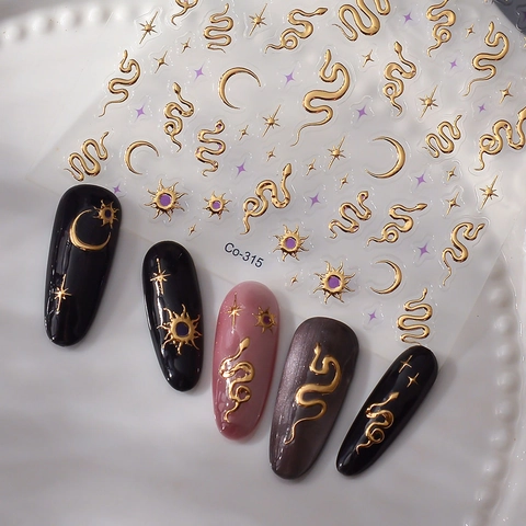 Stickers Ongles Métalliques Gaufrés 5D Doré Argenté Serpent Lune Étoiles Soleil Mystique Décalcomanies Manucure Femmes