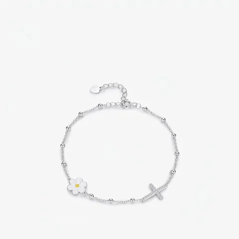 925 Sterlingsilber Gänseblümchen Kreuz Armband Für Damen Funkelndes Zirkonia Blume Perlenkette Verstellbar Schmuck