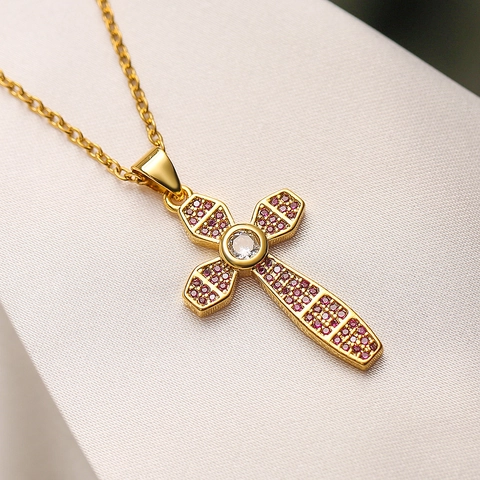 Collana Con Ciondolo A Croce Rame Placcato Oro Intarsio Di Zirconi Gioielli Di Moda Religiosa Regalo Per Donna