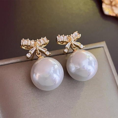 Pendientes Elegantes Con Lazo Y Perlas Artificiales Con Poste De Plata Circonita Chapado En Oro Joyería Para Mujer