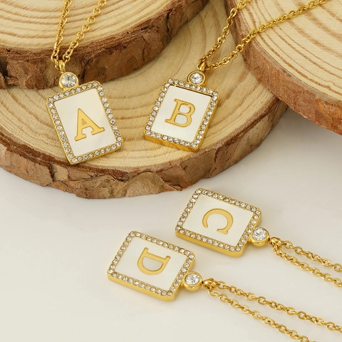 Collar De Letra Inicial Cuadrado Acero Inoxidable Chapado En Oro 18K Incrustación Nácar Circonita Colgante Mujer
