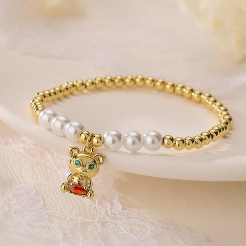 Cute Bear Pendant Bracelet Copper Gold Plated With Colorful Cubic Zirconia And White Imitation Artificial Pearl Beads For Women