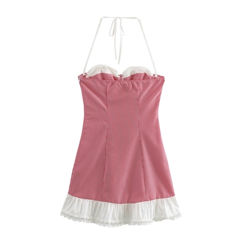 Striped Halter Dress Red White Backless Lace Trim Ruffle Hem Mini Sleeveless Sweet French Style Women Summer Outfit