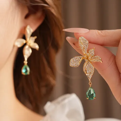 Blumen-Ohrhänger Mit Zirkonia Und Grünem Tropfen-Edelstein Vintage Blumenschmuck Für Damen Mit Silberohrstecker