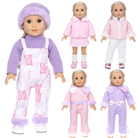 Doll Clothes For 18 Inch American Girl Doll Winter Plush Quilted Jumpsuit Jacket Skirt Set Clothing Accessories For Dolls