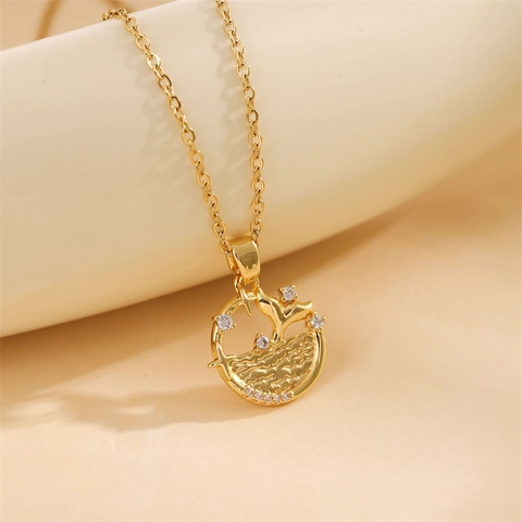 Collana Pendente Rotondo Coda Di Delfino Acciaio Inossidabile Con Stelle Zircone Onda Placcato Oro Regalo Donne