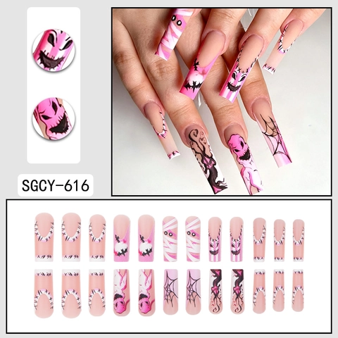 Press On Nails Long Coffin Shape Halloween Pink Black Mummy Bat Spider Web Pattern Artificial False Nails For Women