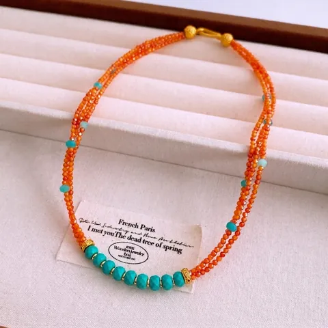 Vintage Three Layer Beaded Necklace Women Bohemian Glass Stone Beads Handmade Brass Clasp Ethnic Style Jewelry