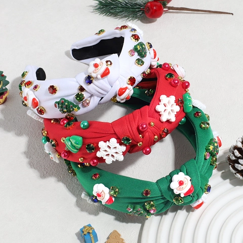 Christmas Knotted Headband with Rhinestones Santa Claus Xmas Tree Snowflake Knotted Hair Hoop For Women Holiday Party Decor